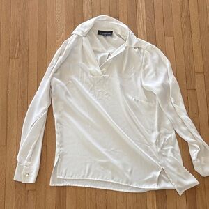 Jones New York White Long-Sleeve V-Neck SIlky Dress Shirt